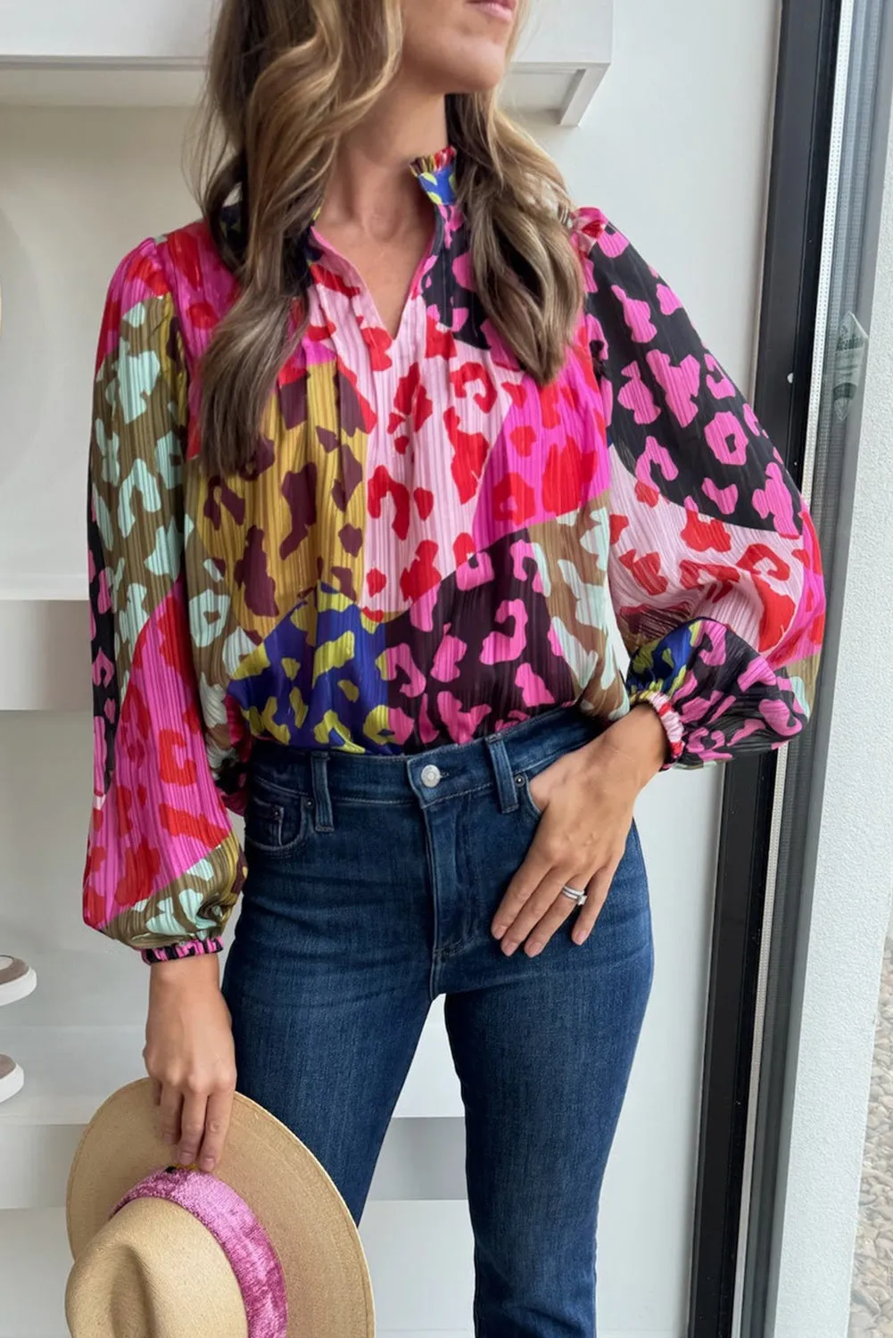 Rose Leopard Color Block Printed Crinkle Blouse
