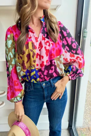Rose Leopard Color Block Printed Crinkle Blouse