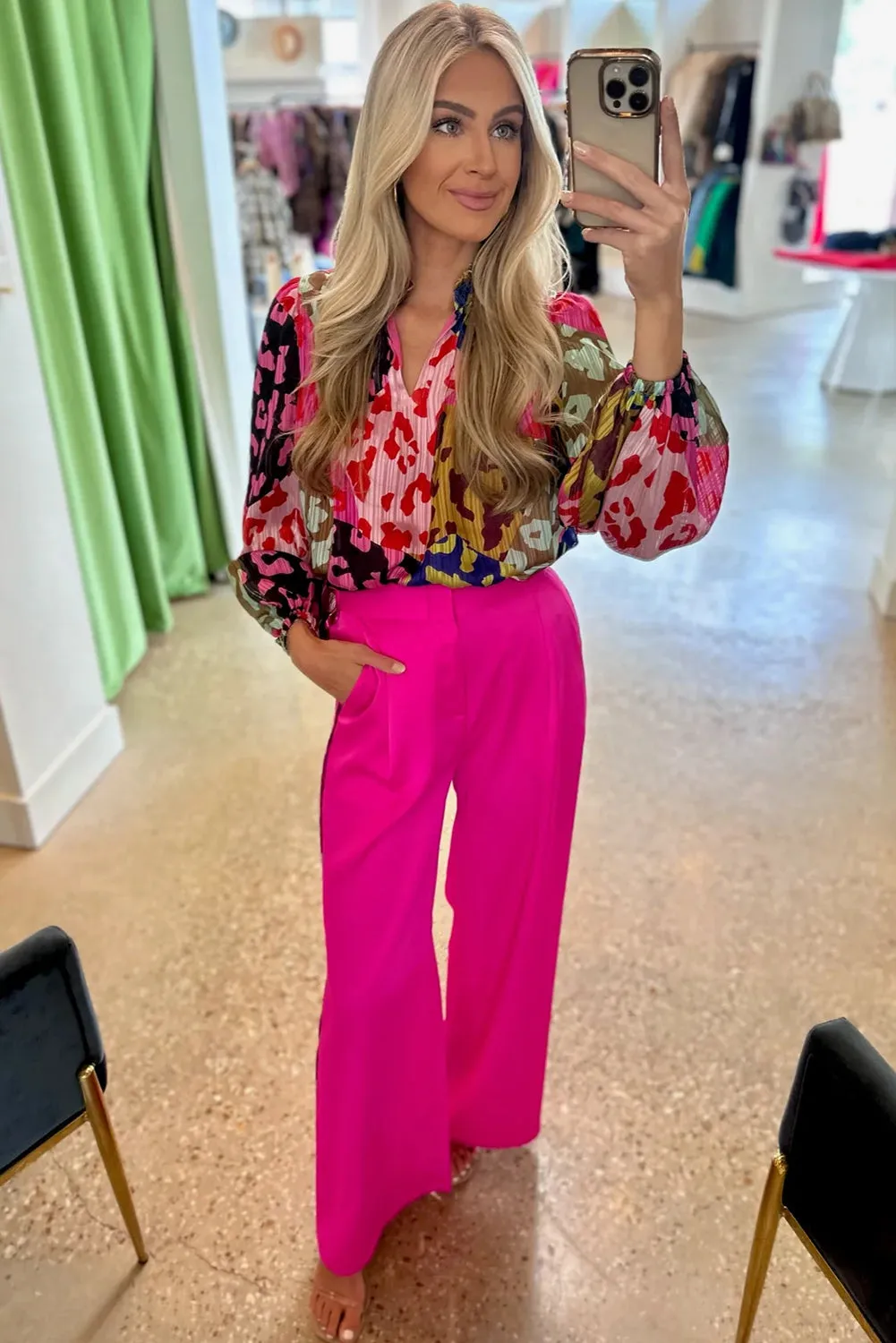 Rose Leopard Color Block Printed Crinkle Blouse