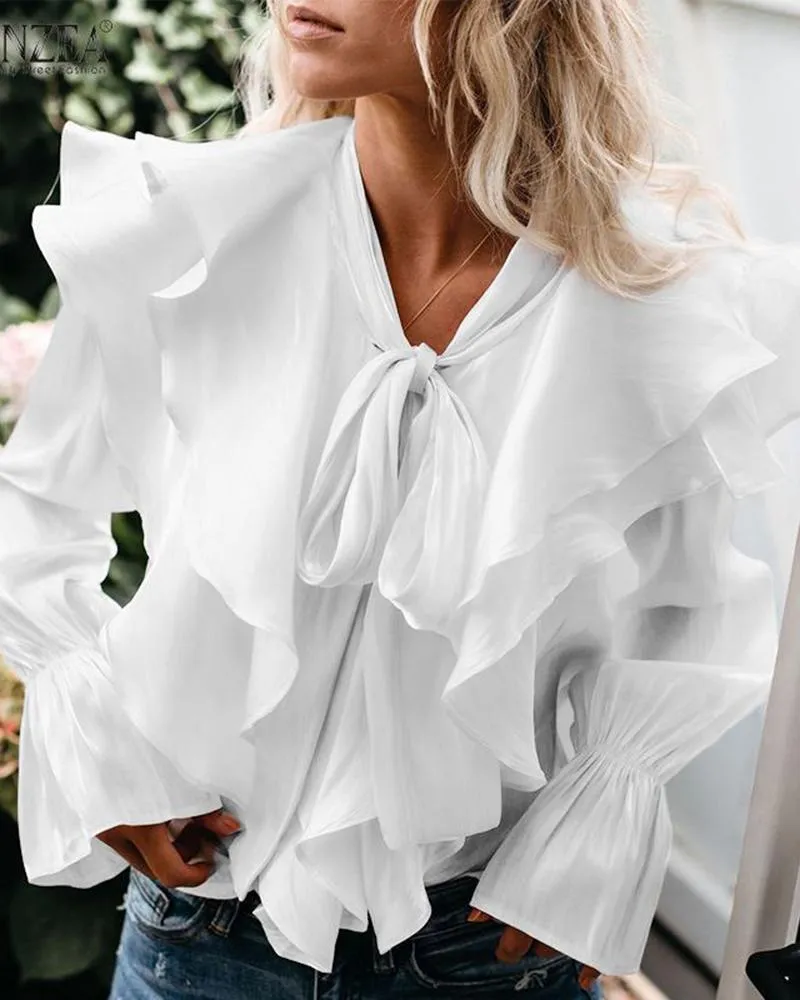 Ruffle Hem Tied Detail Bell Sleeve Blouse