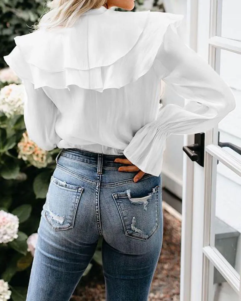 Ruffle Hem Tied Detail Bell Sleeve Blouse