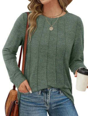 Saloogoe Long Sleeve Shirts for Women Lightweight Winter Sweaters Pullover Fall Tops 2024 Pleated Green M