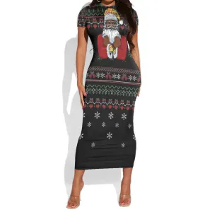Santa Claus African Christmas Short Sleeve Bodycon Dress Traditional Costume DT03