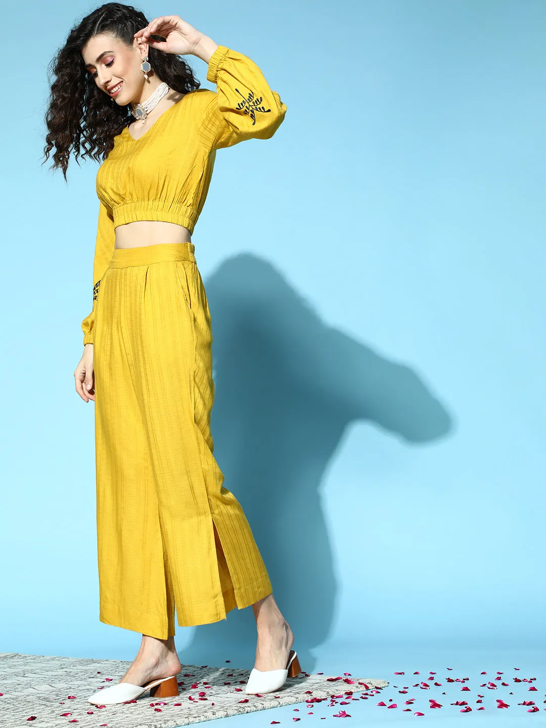 Self Weave Rayon Mustard Co-ords Set