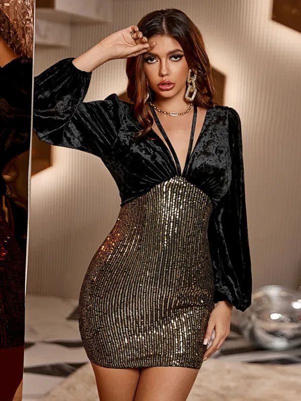 Sequin Bodycon Mini Dress with Velvet Long Sleeves and Halter Strap