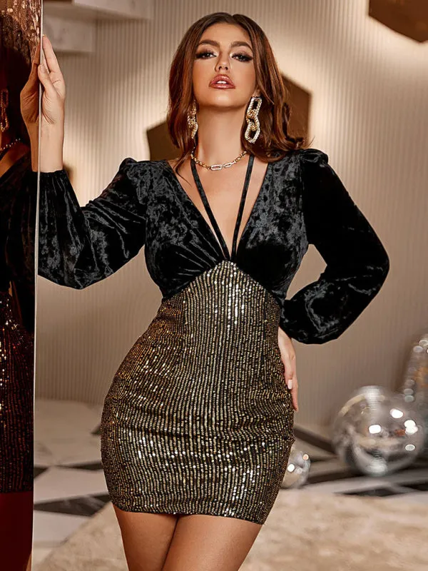 Sequin Bodycon Mini Dress with Velvet Long Sleeves and Halter Strap