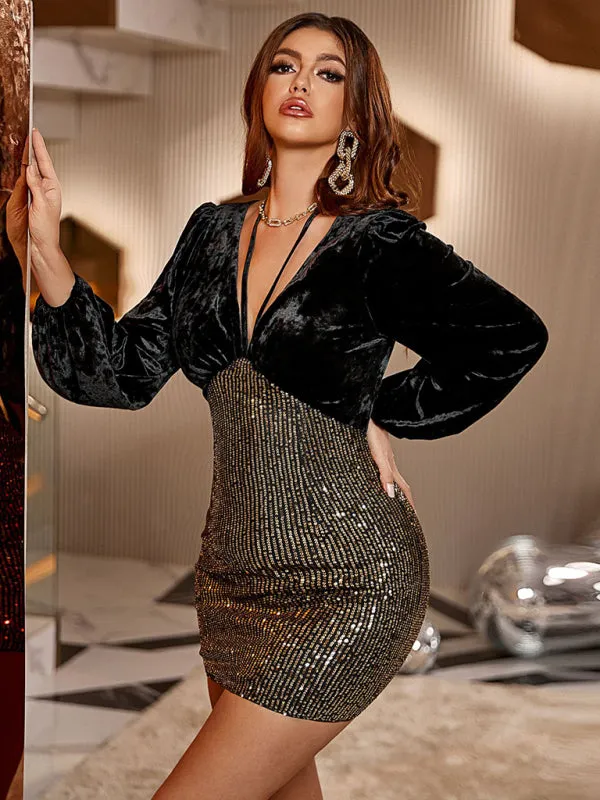 Sequin Bodycon Mini Dress with Velvet Long Sleeves and Halter Strap
