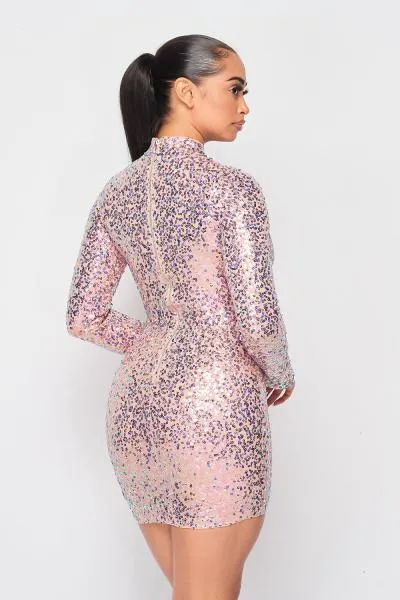 Sequins Mock Neck Mini Dress - Pink -