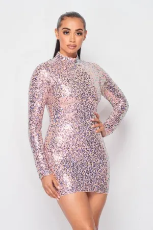 Sequins Mock Neck Mini Dress - Pink -