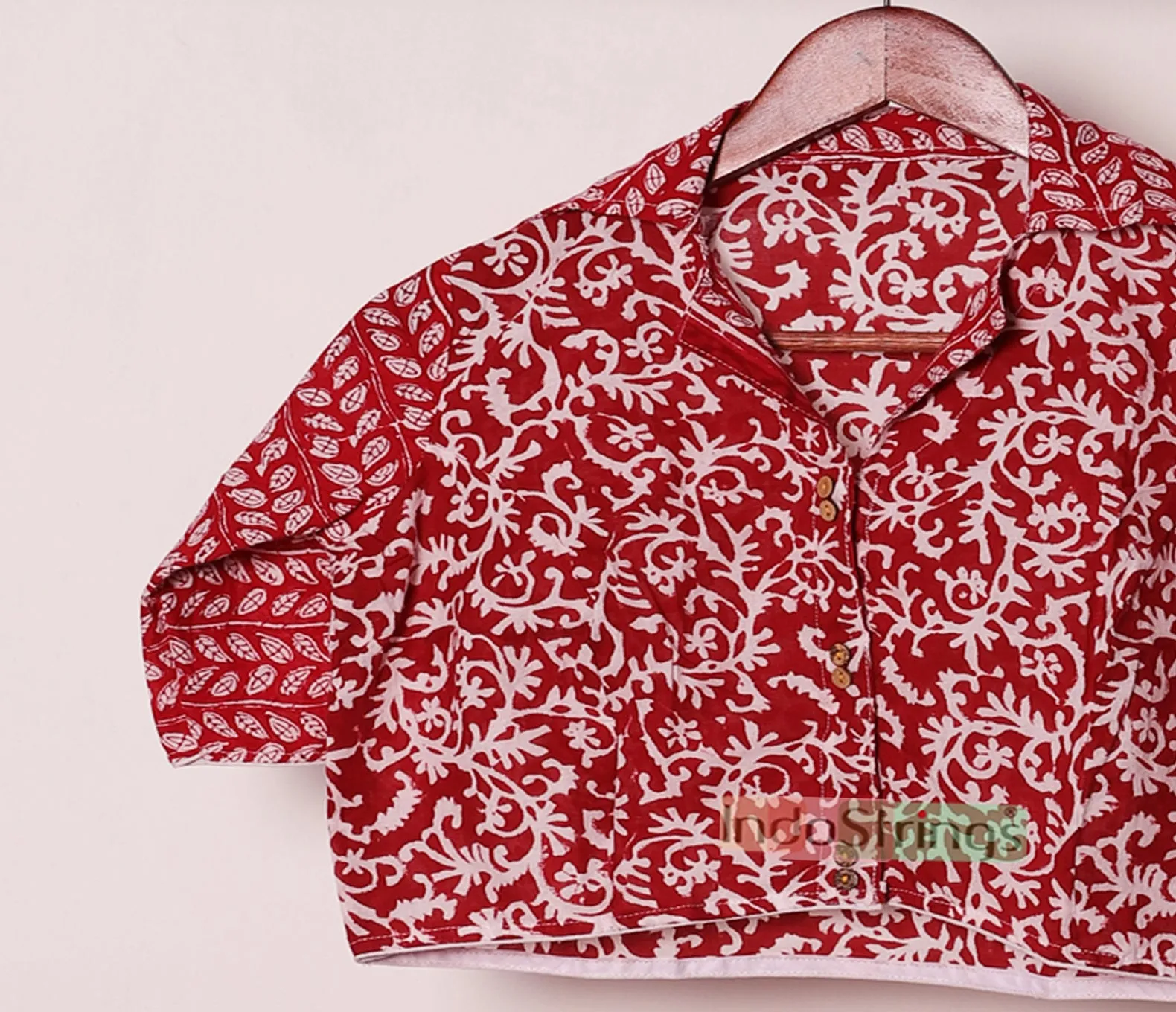 Shirt Collar Glass Sleeve Blouse (Red)