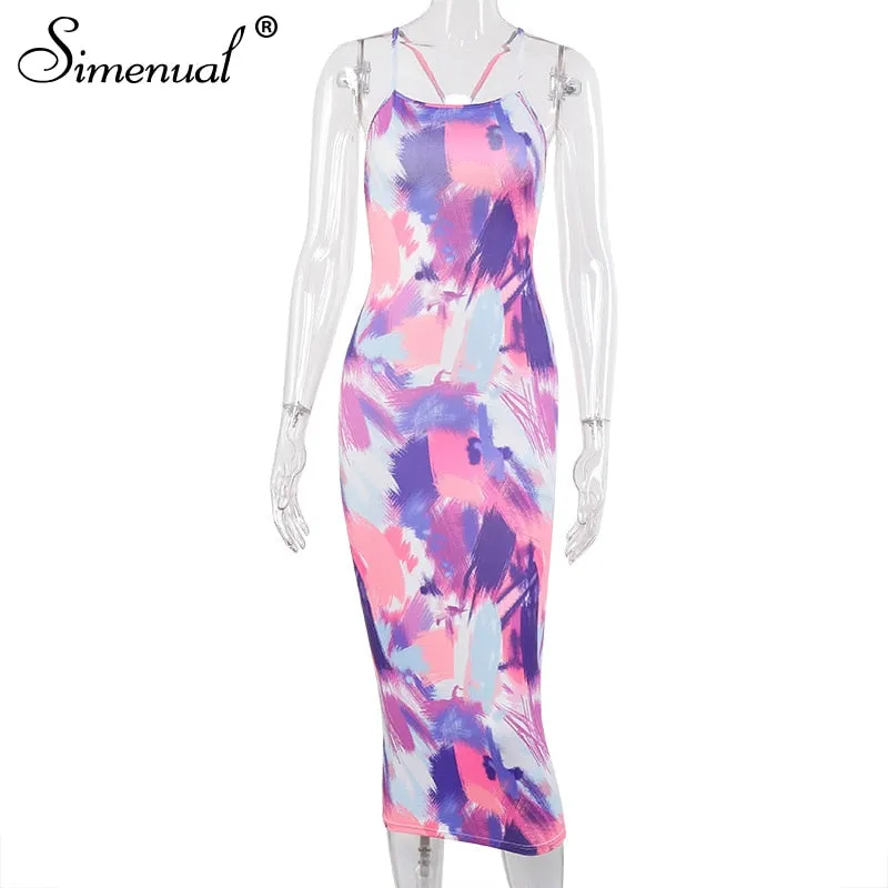 Simenual Backless Criss Cross Hot Sexy Midi Kleider Frauen Gurt Ärmellose Partei Clubwear Tie Dye Drucken Dünne Bodycon Kleid Neue