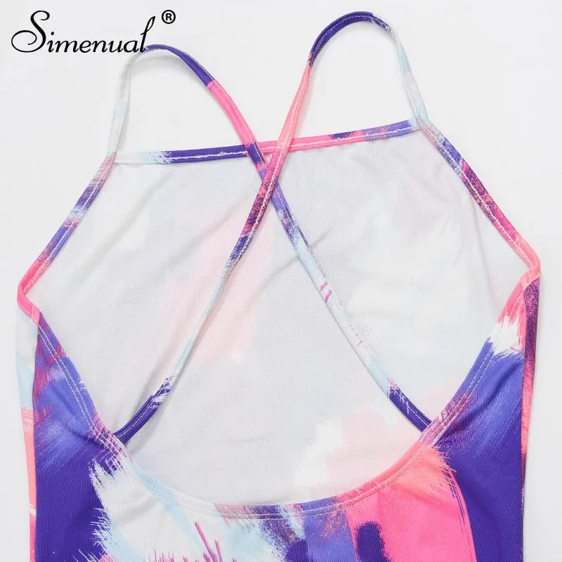 Simenual Backless Criss Cross Hot Sexy Midi Kleider Frauen Gurt Ärmellose Partei Clubwear Tie Dye Drucken Dünne Bodycon Kleid Neue