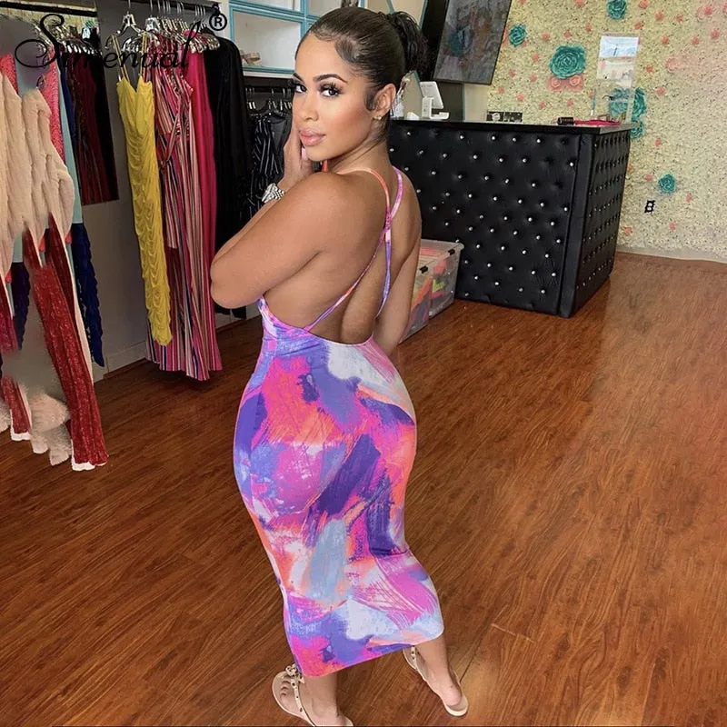 Simenual Backless Criss Cross Hot Sexy Midi Kleider Frauen Gurt Ärmellose Partei Clubwear Tie Dye Drucken Dünne Bodycon Kleid Neue