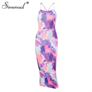 Simenual Backless Criss Cross Hot Sexy Midi Kleider Frauen Gurt Ärmellose Partei Clubwear Tie Dye Drucken Dünne Bodycon Kleid Neue