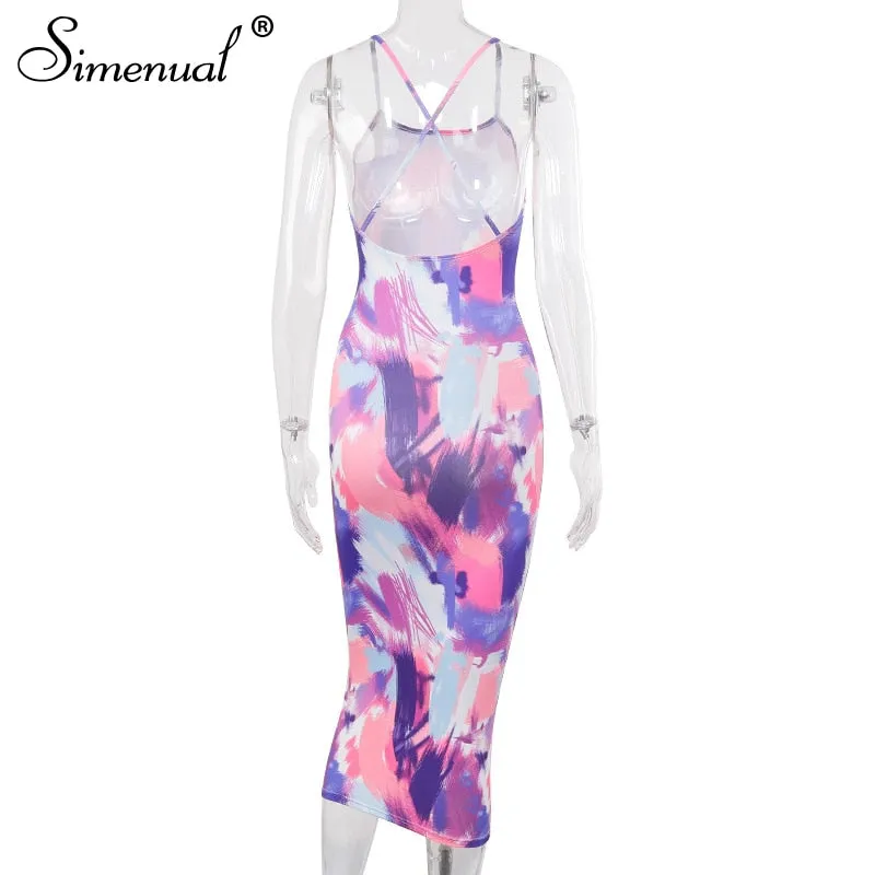 Simenual Backless Criss Cross Hot Sexy Midi Kleider Frauen Gurt Ärmellose Partei Clubwear Tie Dye Drucken Dünne Bodycon Kleid Neue
