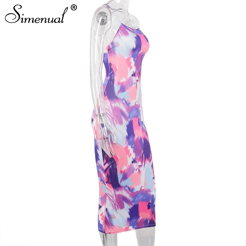 Simenual Backless Criss Cross Hot Sexy Midi Kleider Frauen Gurt Ärmellose Partei Clubwear Tie Dye Drucken Dünne Bodycon Kleid Neue