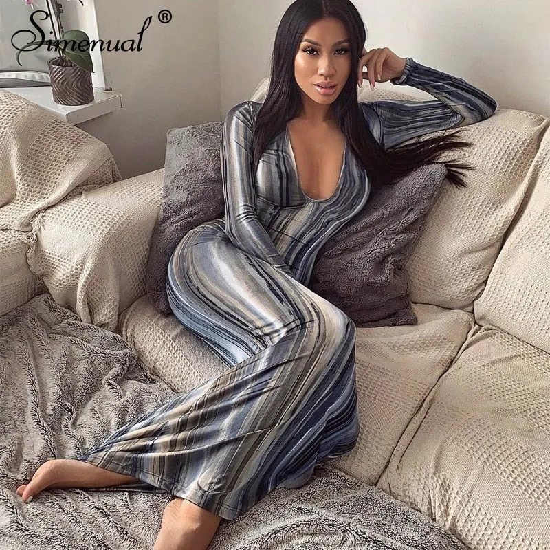 Simenual Gedruckt V-ausschnitt Sexy Frauen Party Kleid Langarm Mode 2020 Frühling Dünne Bodycon Clubwear Heißer Schlank Maxi Kleider