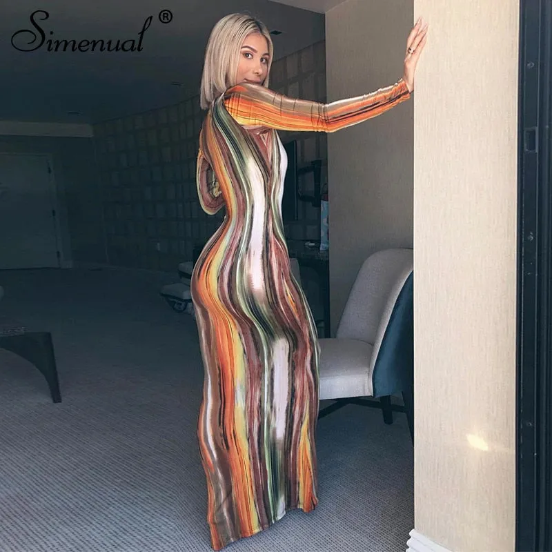 Simenual Gedruckt V-ausschnitt Sexy Frauen Party Kleid Langarm Mode 2020 Frühling Dünne Bodycon Clubwear Heißer Schlank Maxi Kleider
