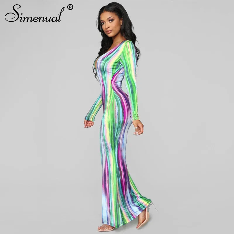 Simenual Gedruckt V-ausschnitt Sexy Frauen Party Kleid Langarm Mode 2020 Frühling Dünne Bodycon Clubwear Heißer Schlank Maxi Kleider