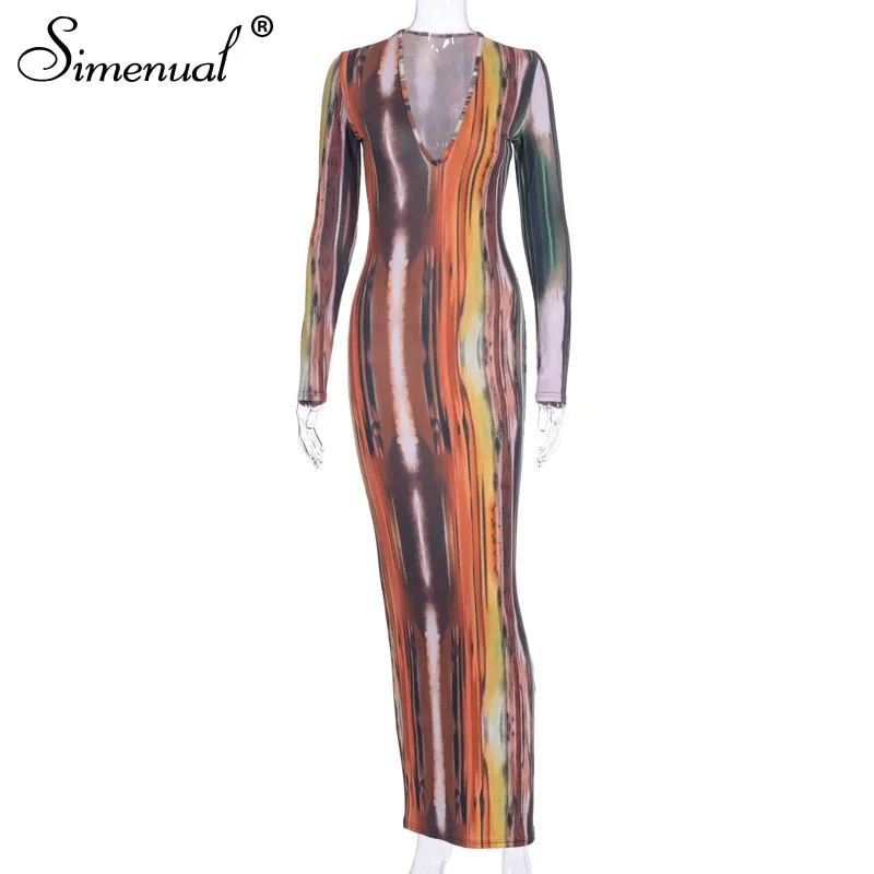 Simenual Gedruckt V-ausschnitt Sexy Frauen Party Kleid Langarm Mode 2020 Frühling Dünne Bodycon Clubwear Heißer Schlank Maxi Kleider
