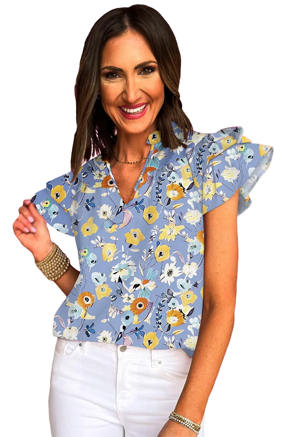 Sky Blue Flutter Sleeve V Neck Floral Top