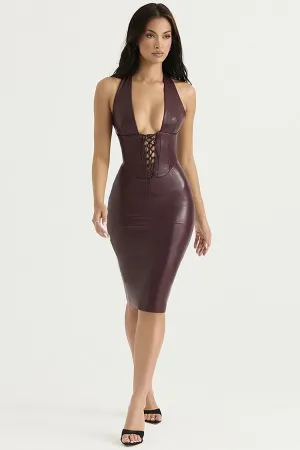Sleeveless PU Leather Lace Up Corset Backless Bodycon Midi Dresses-Brown