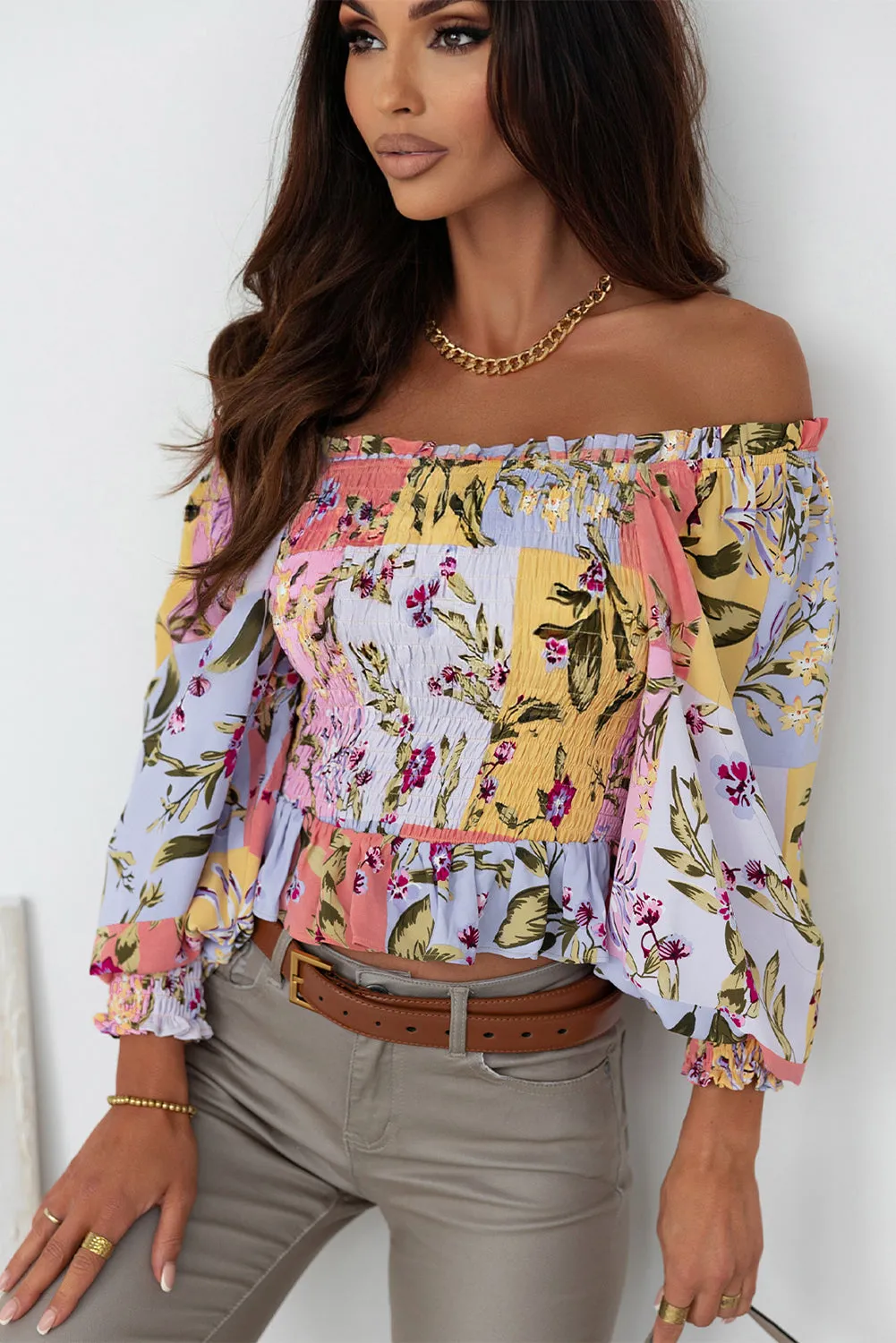 Smocked Floral Frilled Trim Blouse
