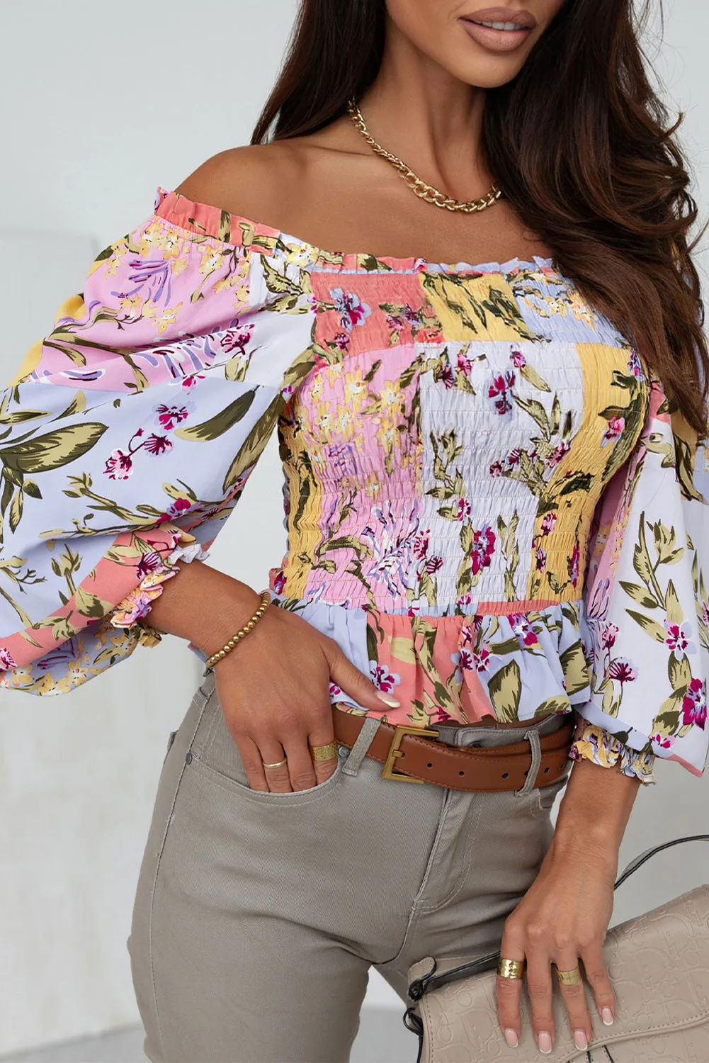 Smocked Floral Frilled Trim Blouse