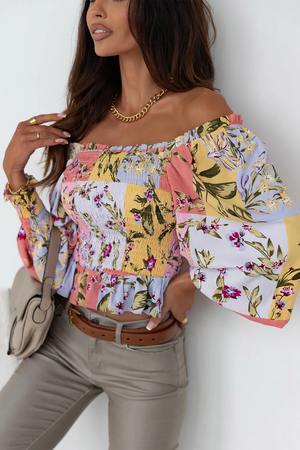 Smocked Floral Frilled Trim Blouse