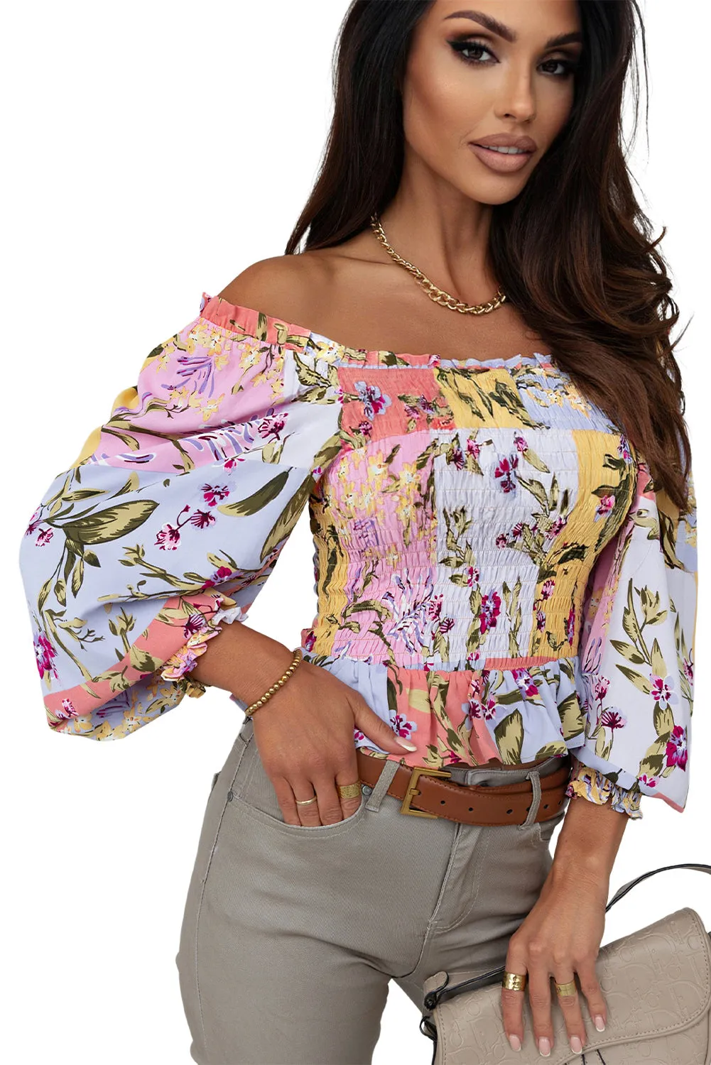 Smocked Floral Frilled Trim Blouse