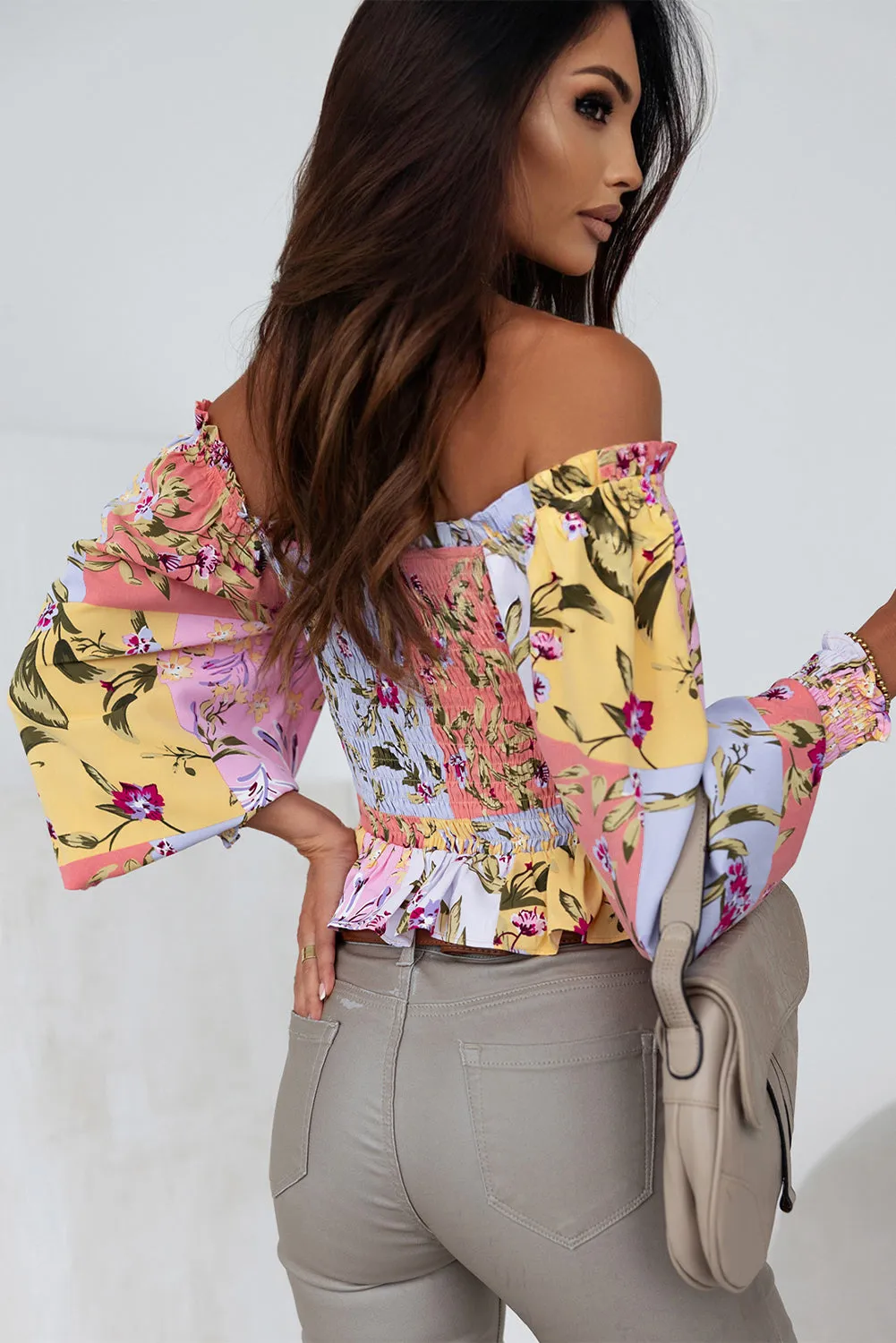 Smocked Floral Frilled Trim Blouse