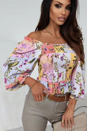 Smocked Floral Frilled Trim Blouse