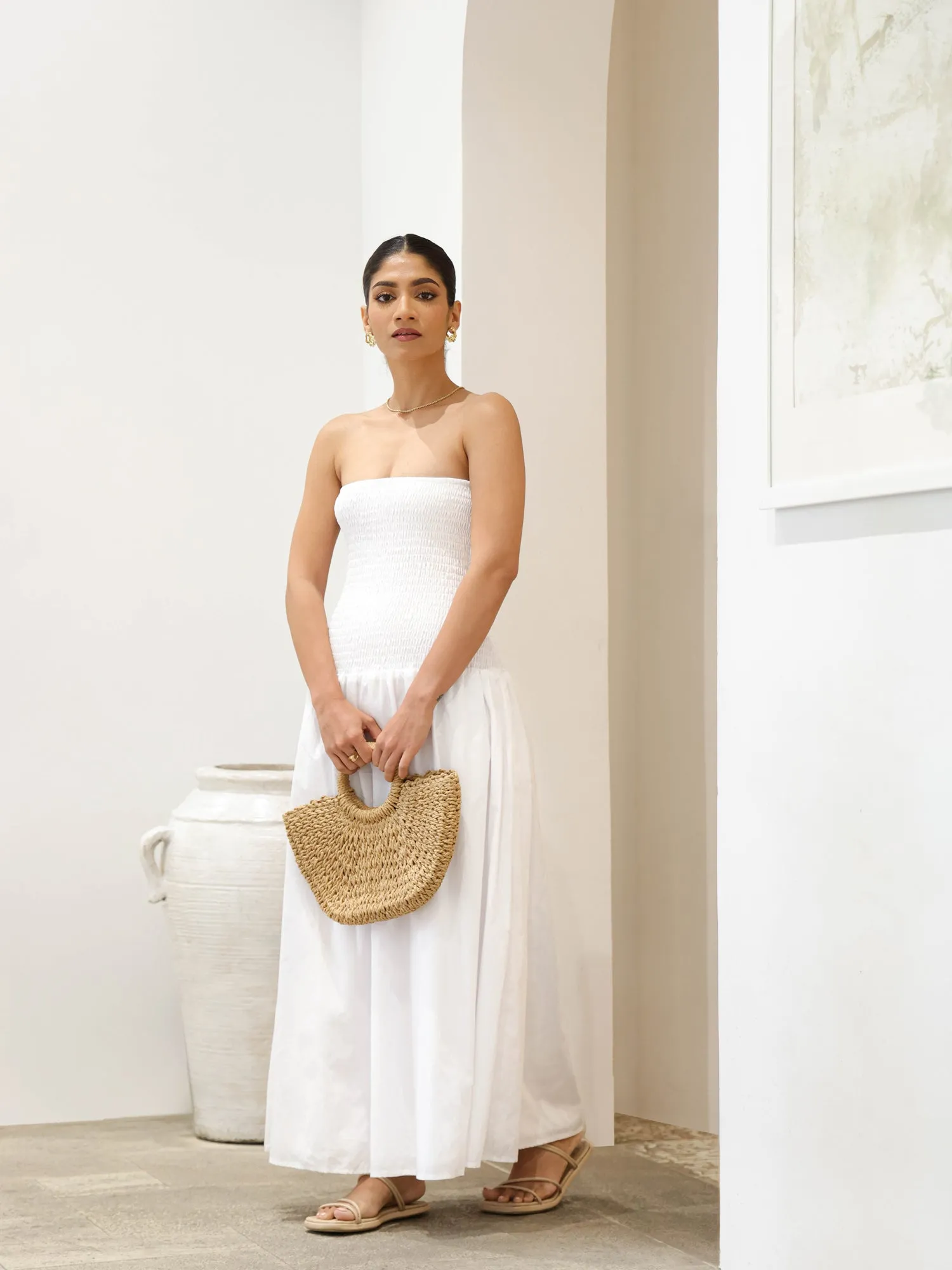 Smocking Flared Tube Maxi Dress