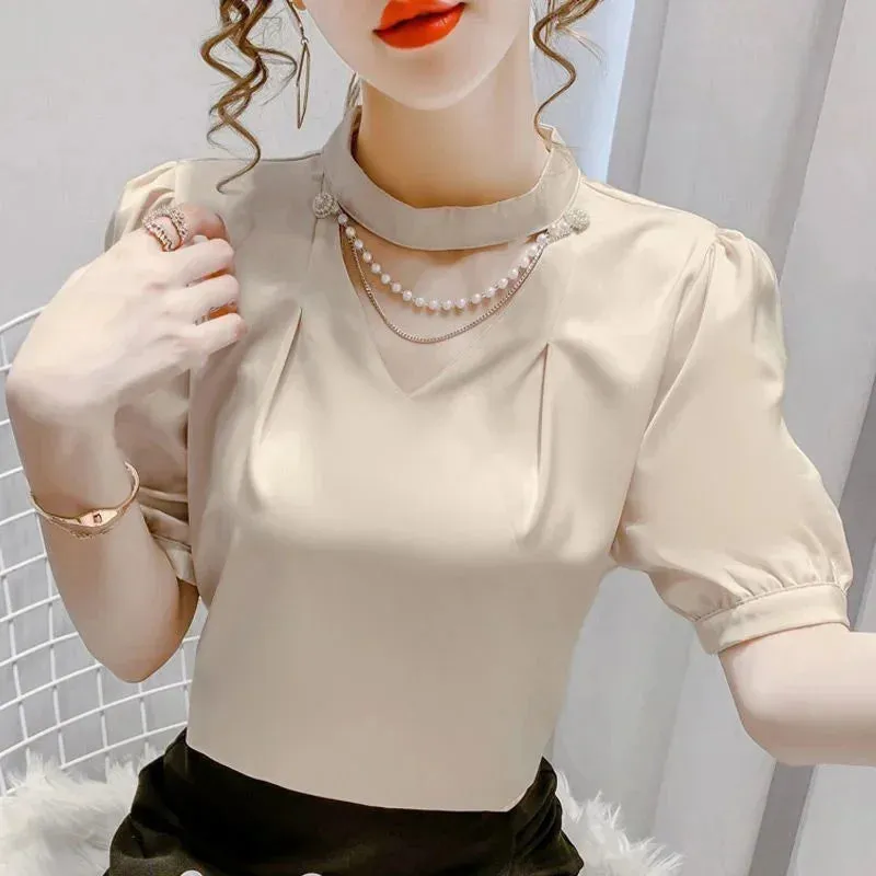 Solid Pearl Short Sleeve O-Neck Women's Blouses