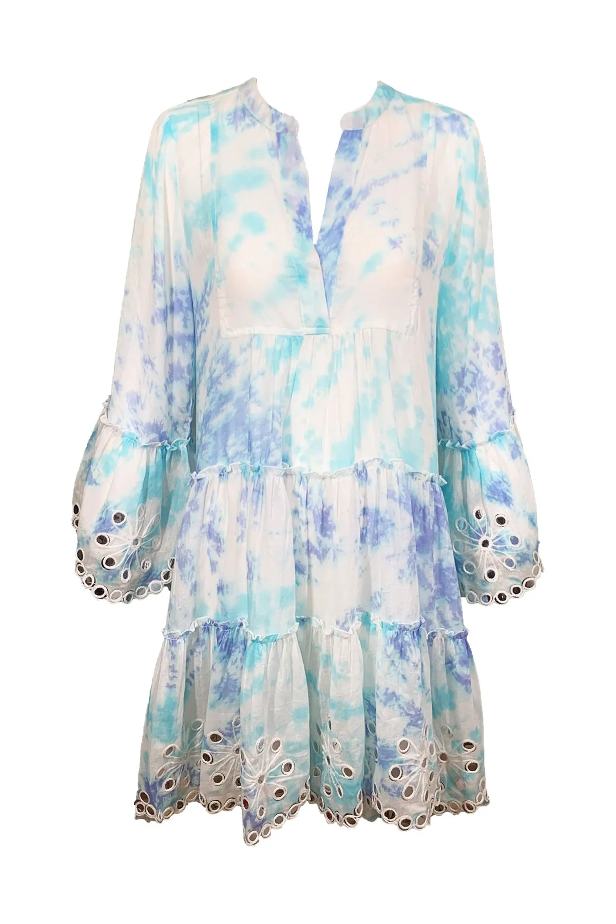 Spiral Tie Dye Flared Sleeve Dress with Mirrors Blue