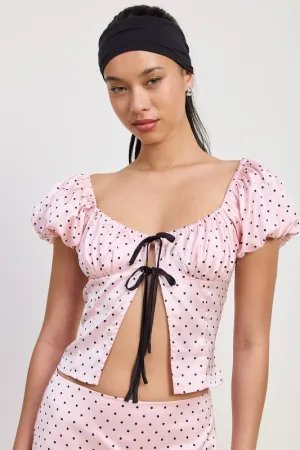 SQAURED NECK POLKA DOT BUBBLE SLEEVE TOP