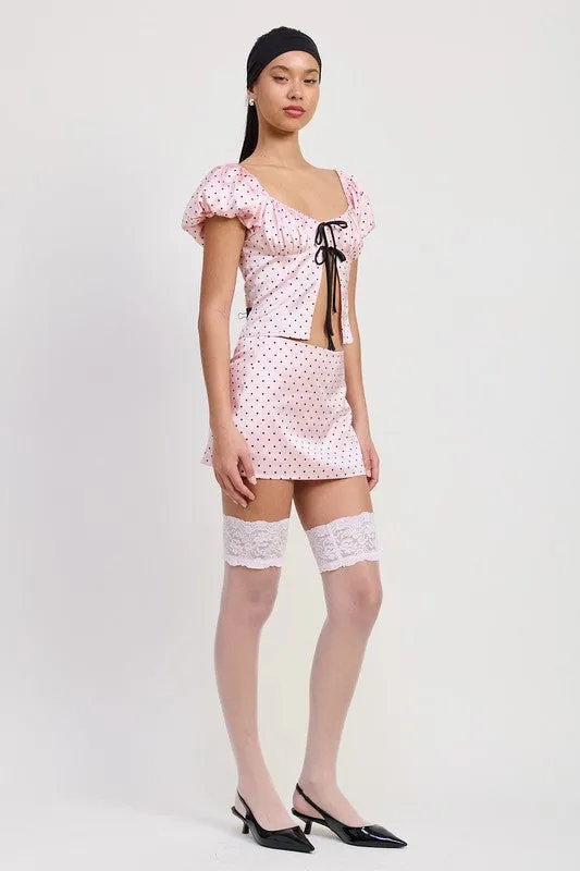 SQAURED NECK POLKA DOT BUBBLE SLEEVE TOP