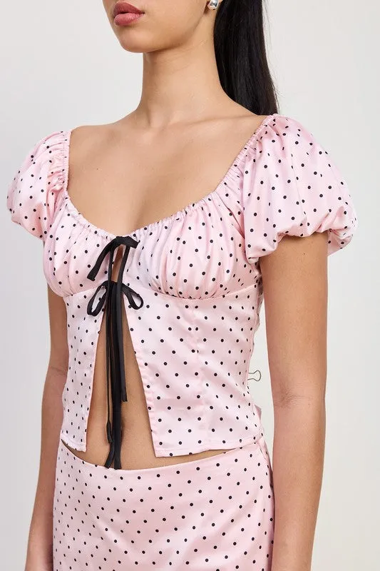 SQAURED NECK POLKA DOT BUBBLE SLEEVE TOP