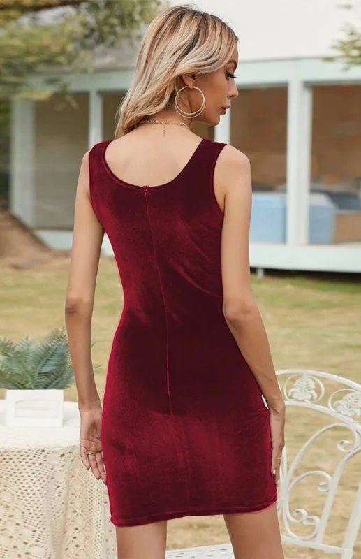 Square Neck Mini Dress with Side Slit and Bodycon Fit