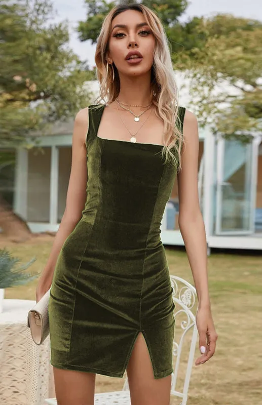 Square Neck Mini Dress with Side Slit and Bodycon Fit