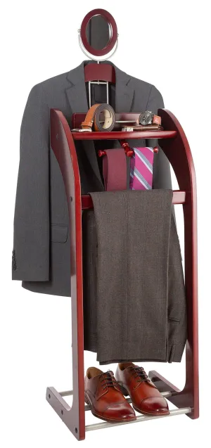 StorageMaid Clothes Valet Stand with Mirror - Beautiful Solid Mahogany Hardwood Wardrobe Valet Stand for Clothes with Trouser Bar, Jacket Hanger, Tray Organizer, Tie & Belt Hook and Shoe Rack