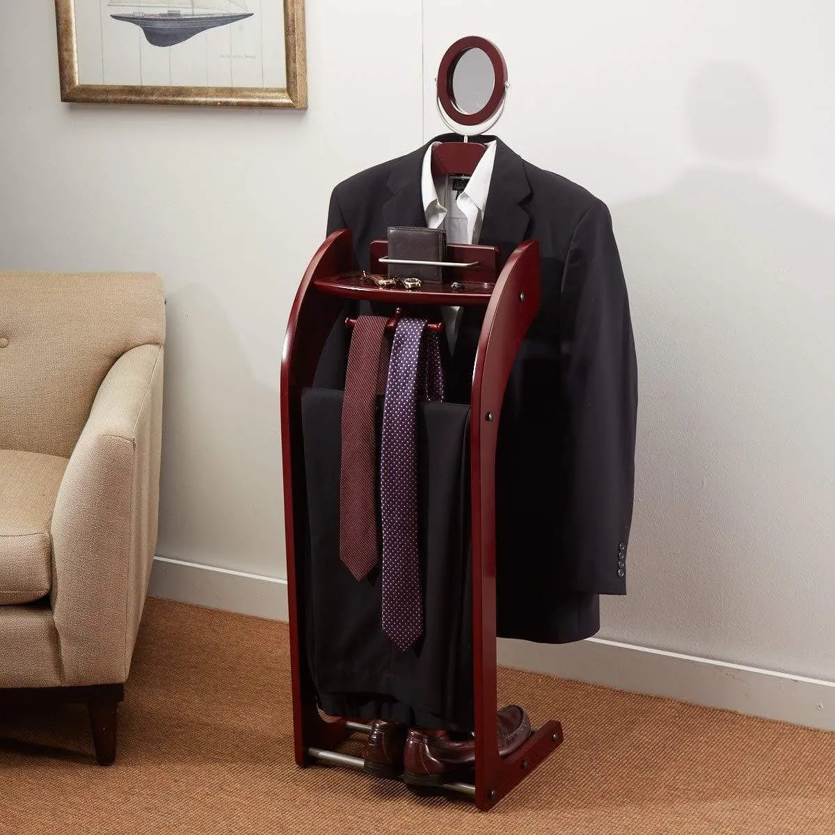 StorageMaid Clothes Valet Stand with Mirror - Beautiful Solid Mahogany Hardwood Wardrobe Valet Stand for Clothes with Trouser Bar, Jacket Hanger, Tray Organizer, Tie & Belt Hook and Shoe Rack