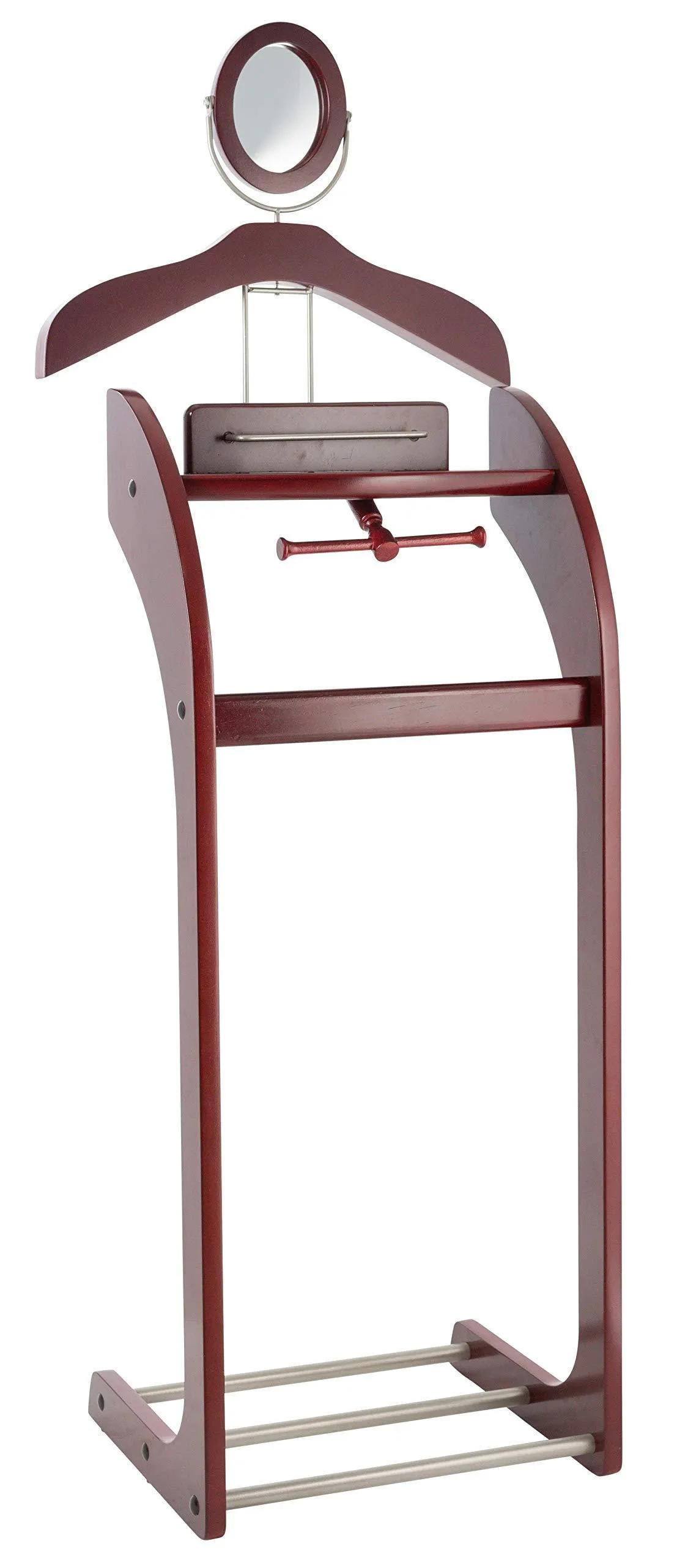 StorageMaid Clothes Valet Stand with Mirror - Beautiful Solid Mahogany Hardwood Wardrobe Valet Stand for Clothes with Trouser Bar, Jacket Hanger, Tray Organizer, Tie & Belt Hook and Shoe Rack