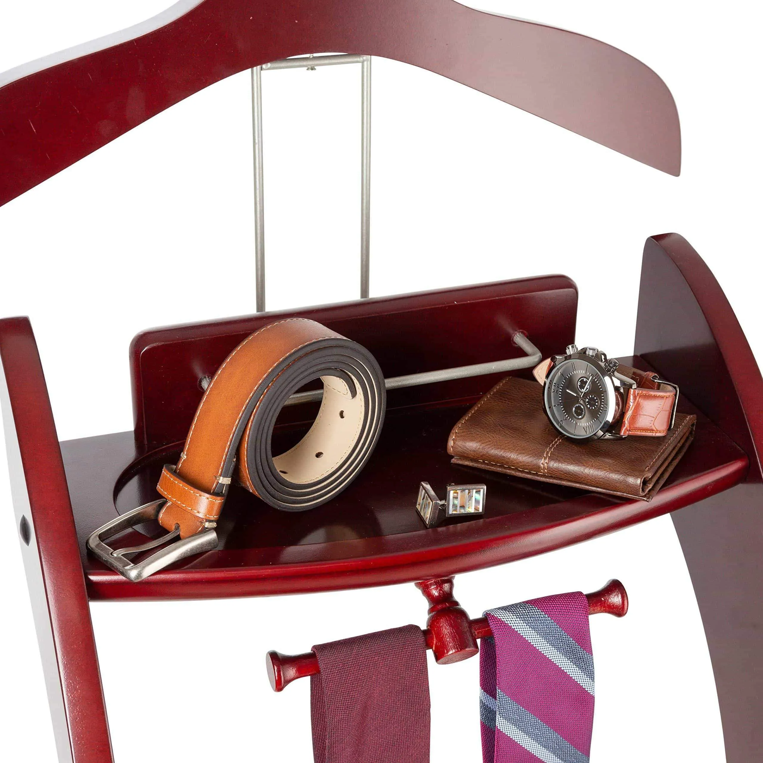 StorageMaid Clothes Valet Stand with Mirror - Beautiful Solid Mahogany Hardwood Wardrobe Valet Stand for Clothes with Trouser Bar, Jacket Hanger, Tray Organizer, Tie & Belt Hook and Shoe Rack