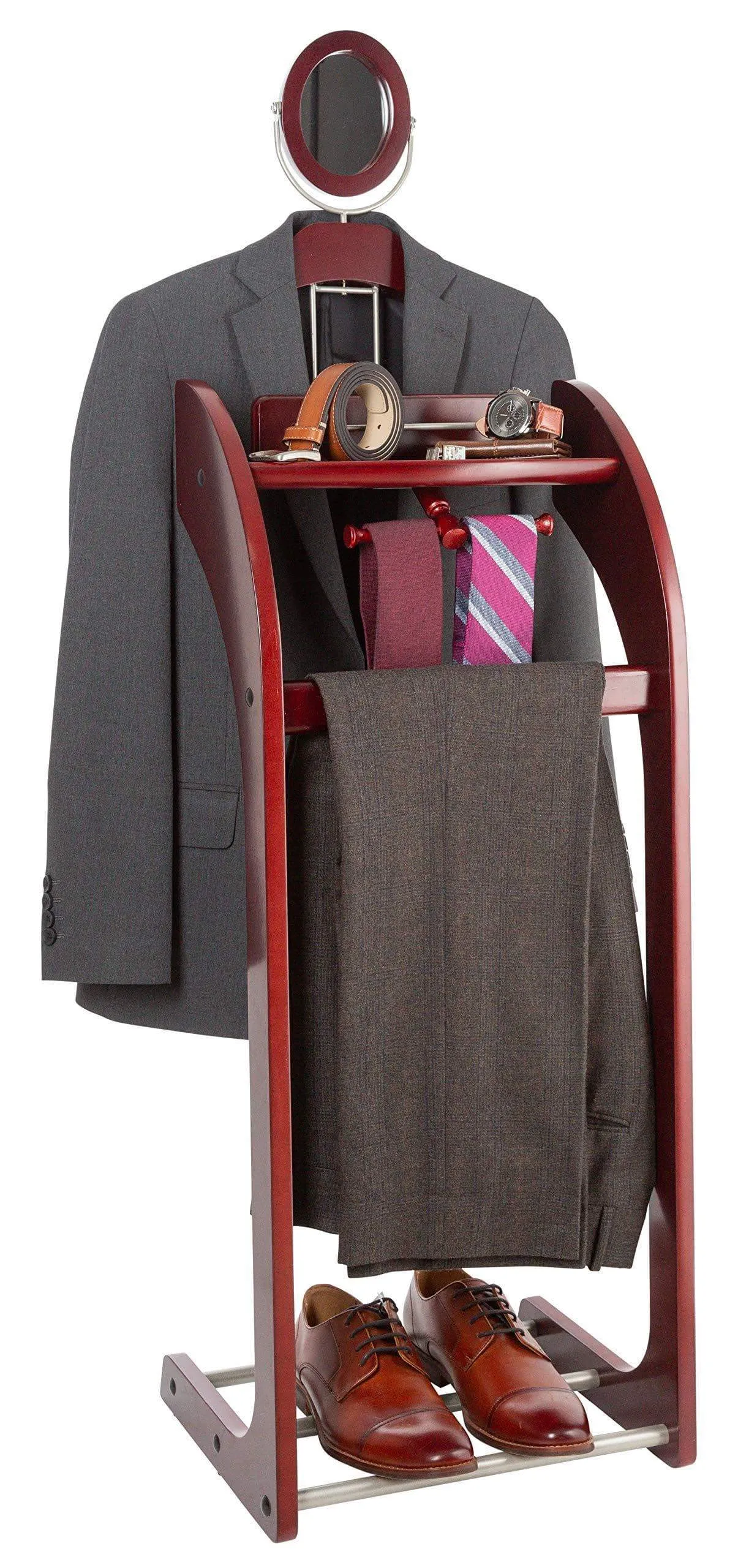 StorageMaid Clothes Valet Stand with Mirror - Beautiful Solid Mahogany Hardwood Wardrobe Valet Stand for Clothes with Trouser Bar, Jacket Hanger, Tray Organizer, Tie & Belt Hook and Shoe Rack