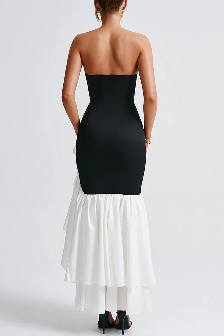 Strapless Bodycon Colorblock Ruffled Fishtail Maxi Dresses-Black