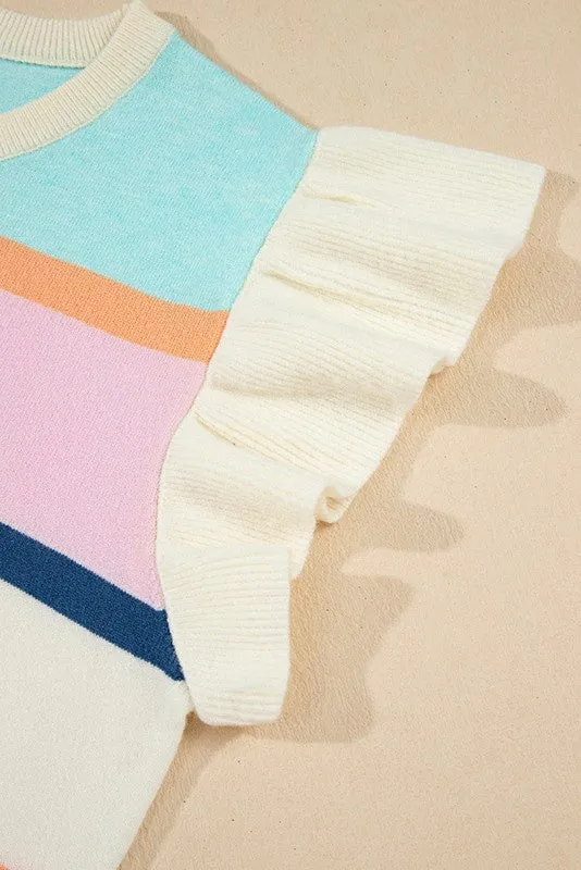 Striped Colorblock Flutter Sleeve Knit Top