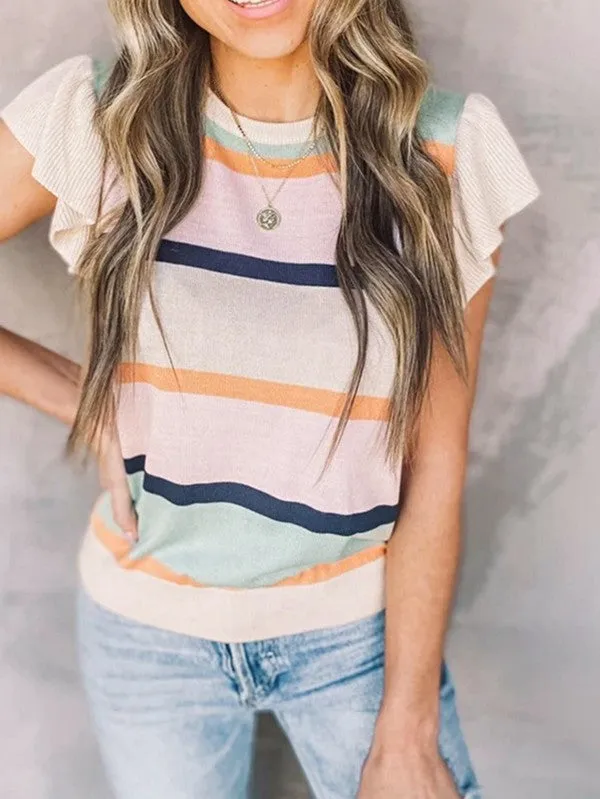 Striped Colorblock Flutter Sleeve Knit Top