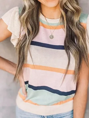 Striped Colorblock Flutter Sleeve Knit Top