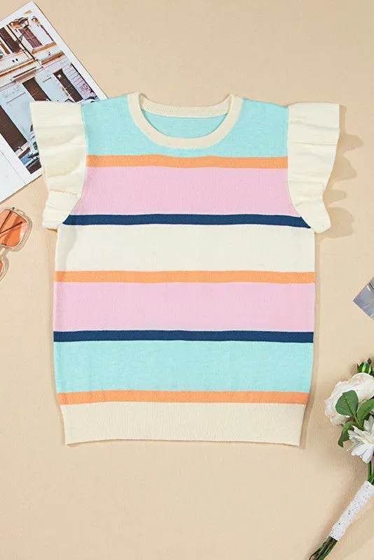 Striped Colorblock Flutter Sleeve Knit Top